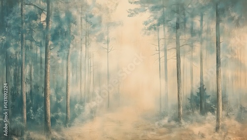 Pine forest in misty morning light, panoramic view of tall trees with visible textures and foliage,