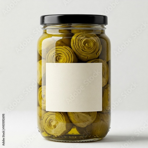 Glass Jar Pickled Artichokes Blank Label Rustic Packaging Isolated White