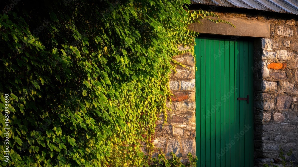 A vibrant green door framed by lush greenery on a rustic stone wall in a serene setting A vibrant green door framed by lush greenery on a rustic stone wall in a serene setting