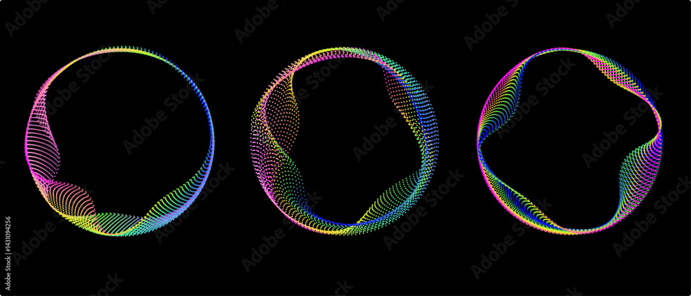 Neon gradient curved waves in round shapes. Set of bright spinning circular borders. Vector collection of colorful glowing circular tech frames.