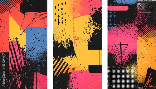 Set of posters in graffiti style with colorful tags, paint splashes, scribbles. Template for poster, banner, flyer, wall art, street art