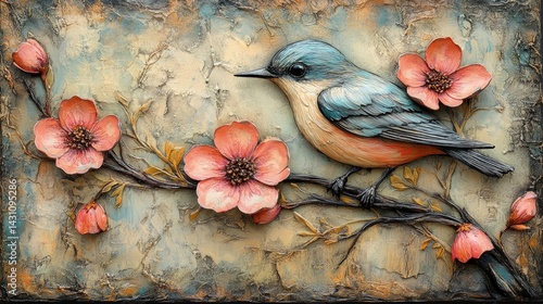 Bird perched on flowering branch textured background decorative art illustration.
