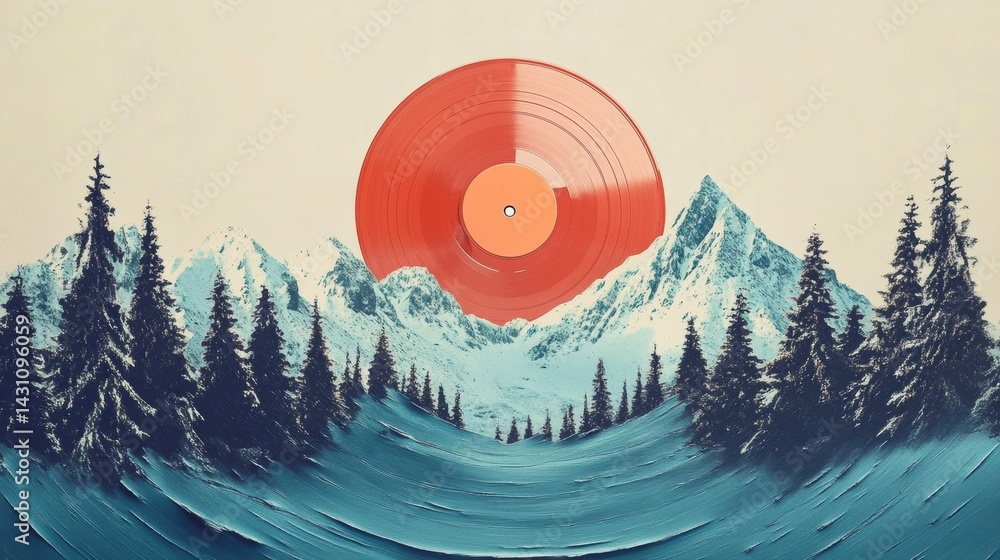 Creative Vinyl Record Design Features Pine Trees and Snowy Mountains, Merging Music With Natures Beauty in a Unique Visual Masterpiece Generative AI