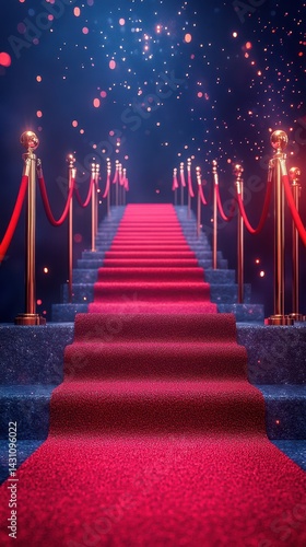 Elegant red carpet staircase leading to a glamorous event at night with sparkling lights in the background