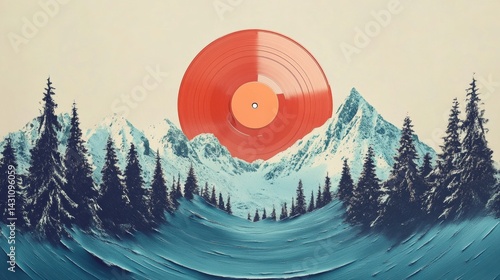 Obraz na płótnie Creative Vinyl Record Design Features Pine Trees and Snowy Mountains, Merging Music With Natures Beauty in a Unique Visual Masterpiece Generative AI w salonie