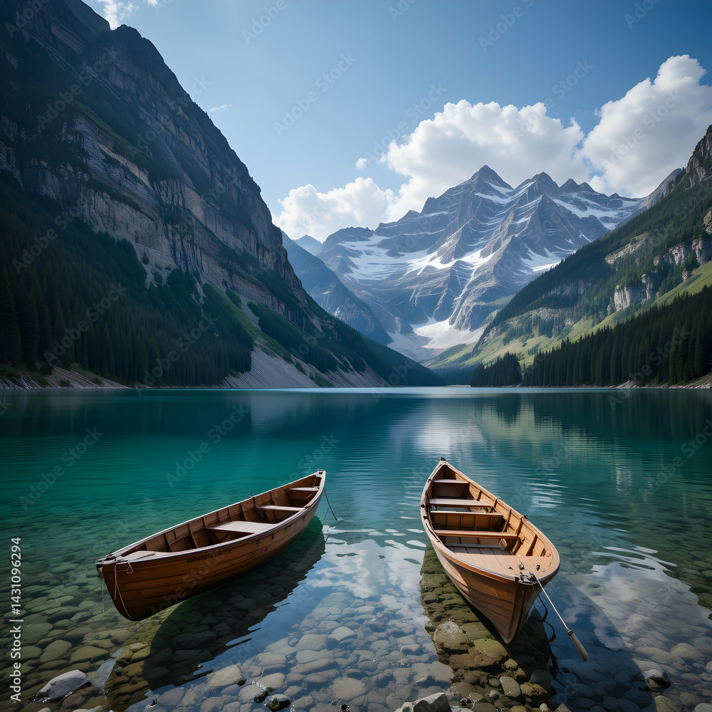 Two wooden boats on a clear lake surrounded by mountains and trees under a blue sky with clouds Two wooden boats on a clear lake surrounded by mountains and trees under a blue sky with clouds
