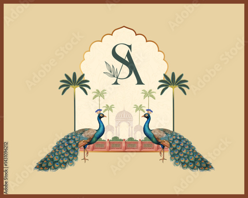 Classic Indian wedding logo with peacocks, palms, and letter S and A initials
