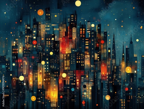 Cityscape at night with glowing windows and bokeh lights in the sky.
