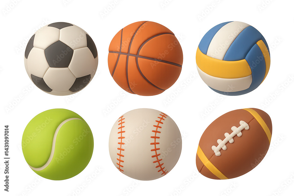 Set of six 3D sports balls including soccer, basketball, volleyball, tennis, baseball, and American football. Isolated on transparent background. Concept of team sports and fitness Set of six 3D sports balls including soccer, basketball, volleyball, tennis, baseball, and American football. Isolated on transparent background. Concept of team sports and fitness
