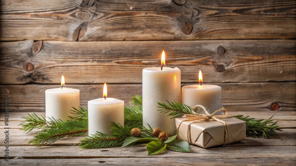 Scented Candles and Wrapped Gift Adorned with Festive Greenery on Rustic Wooden Surface Scented Candles and Wrapped Gift Adorned with Festive Greenery on Rustic Wooden Surface