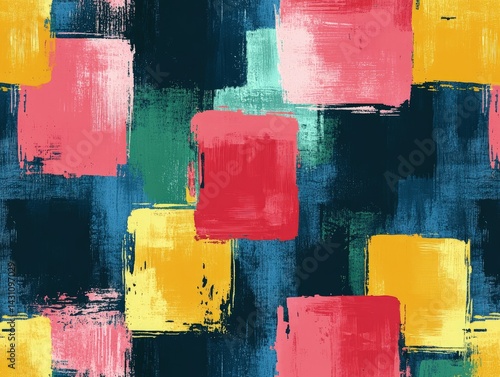Abstract painting of colorful squares with textured brushstrokes on a dark background.
