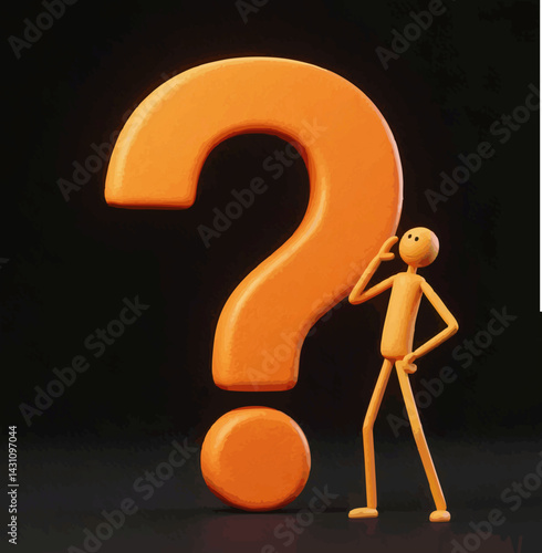 3D Stickman Character Asks Questions in Front of a Big Orange Question Mark