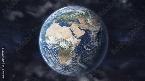 Detailed Earth from Space: Africa, Europe, Asia Visible with Cloud Cover