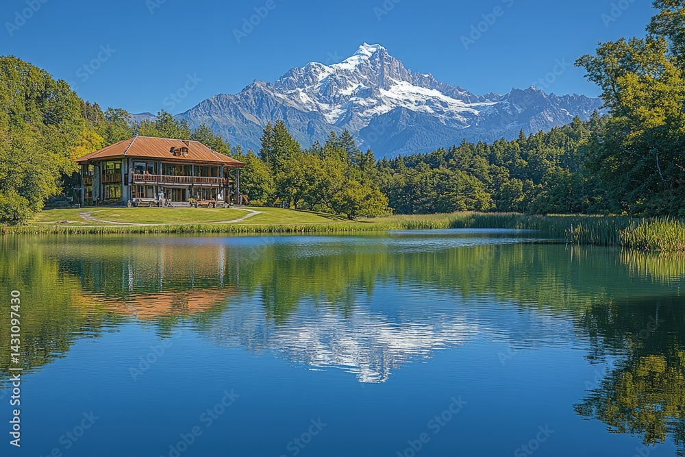 Fototapeta premium Lake reflects mountain and house surrounded by trees under a blue sky.