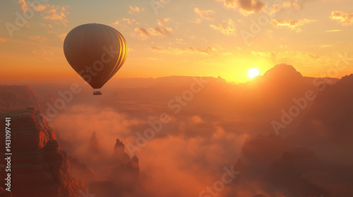 A hot air balloon floating high above the desert at sunrise