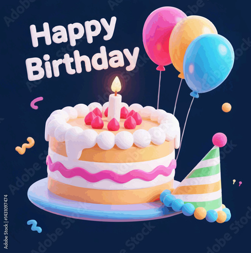 3d birthday hat balloon birthday cake illustration