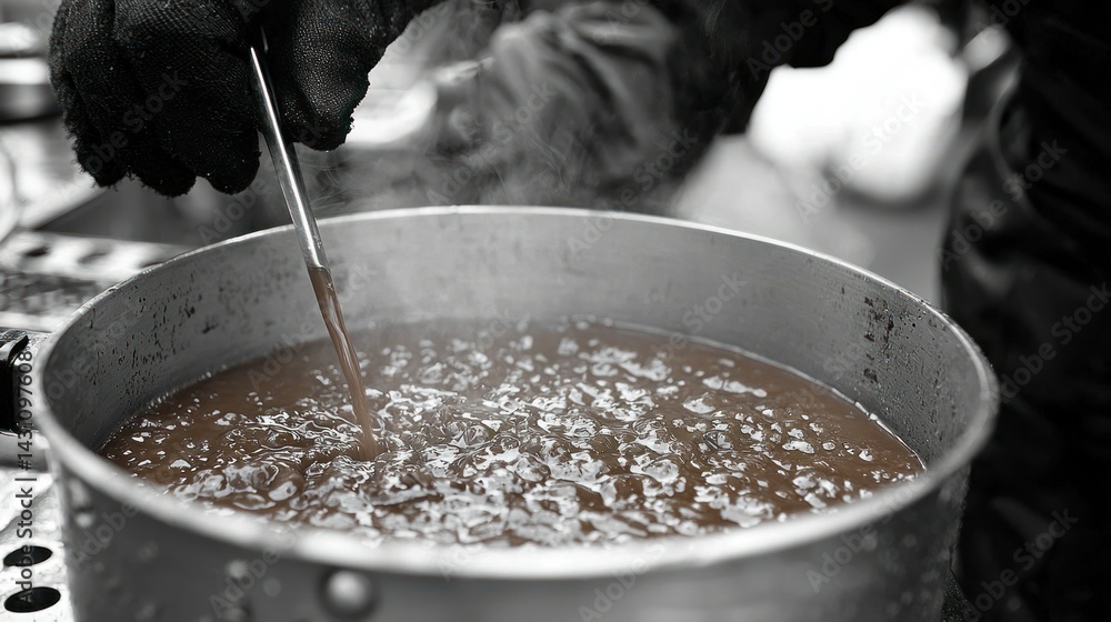 Fototapeta premium Stirring a simmering pot of dark, rich stew, outdoors in grayscale. A close-up view showcasing the texture of the stew and the steam rising. The cook wears black gloves.