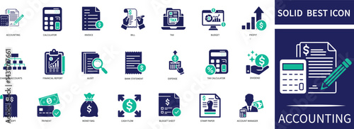 accounting icon set featuring finance, accounting, balance, audit, financial, income, deposit, transaction, budgeting, tax, invoice, receipt, and financial management symbols.