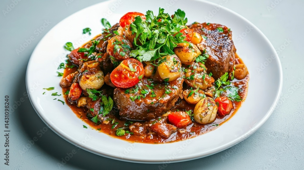 Fototapeta premium Succulent Beef Dish with Vegetables and Herbs