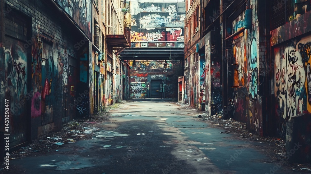 Fototapeta premium Graffiti-Covered Urban Alley: A Moody, Atmospheric Street Scene