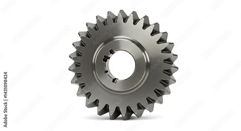 Metal gear with teeth and center hole, machine part isolated on white background Metal gear with teeth and center hole, machine part isolated on white background
