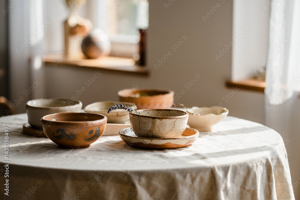 Rustic Pottery Bowls On Tablecloth In Natural Light Featuring Lavender Sprig For Minimalist Home Decor Rustic Pottery Bowls On Tablecloth In Natural Light Featuring Lavender Sprig For Minimalist Home Decor