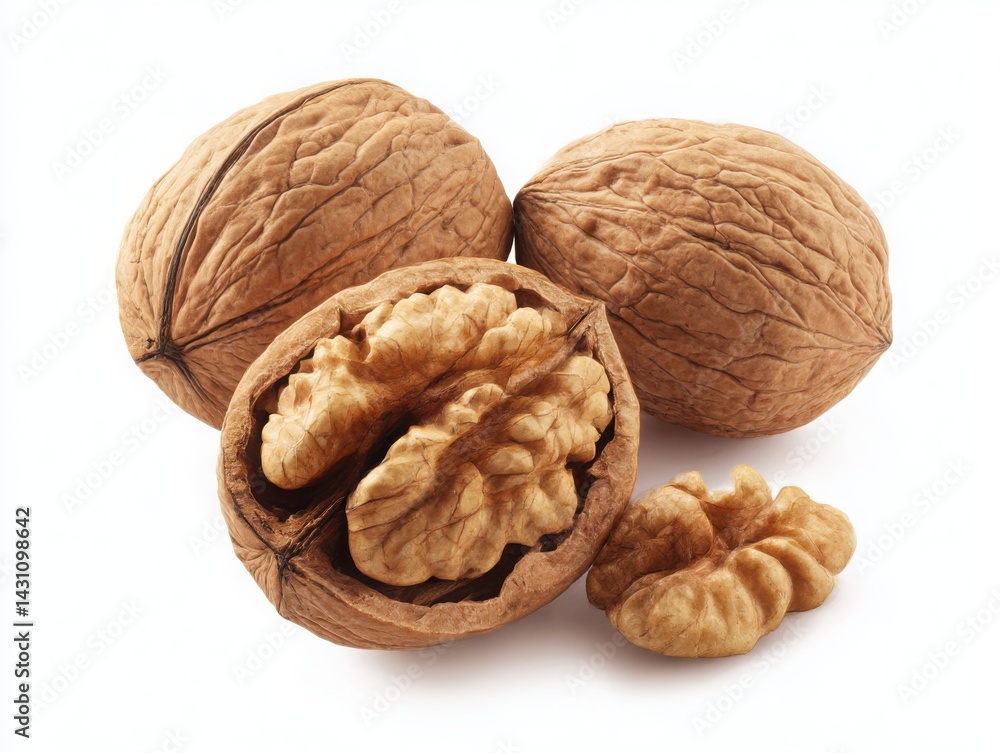 Walnuts whole and halved isolated on white background Walnuts whole and halved isolated on white background