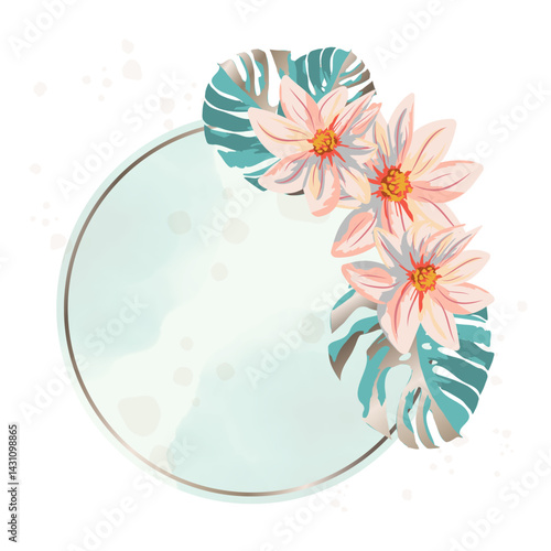 Tropical Floral Frame with Pink Exotic Flowers, Monstera Leaves, Watercolor Splashes, and Free Space for Your Text. Elegant Botanical Template for Invitations, Greeting Cards, and Wedding Designs