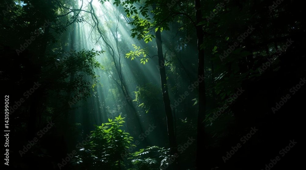 Obraz premium Sunlight Streaming Through Trees in a Forest