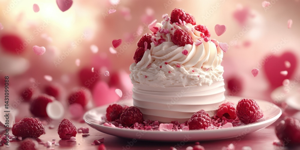 Delicious raspberry dessert topped with whipped cream and heart-shaped decorations in a romantic setting Delicious raspberry dessert topped with whipped cream and heart-shaped decorations in a romantic setting