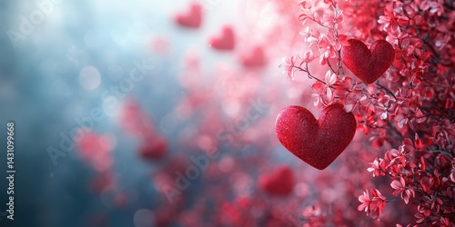 Colorful hearts surrounded by vibrant flowers create a romantic atmosphere in nature