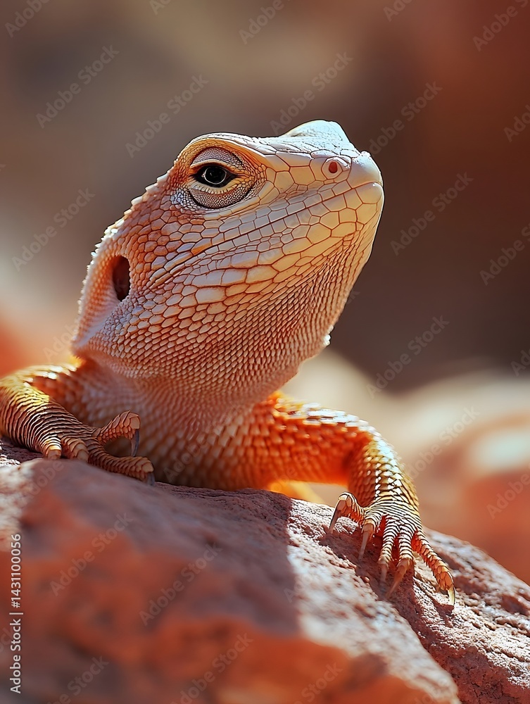 Obraz premium Stunning Close-up of Orange Bearded Dragon Lizard in Desert Habitat - Macro Wildlife Photography for Nature Enthusiasts