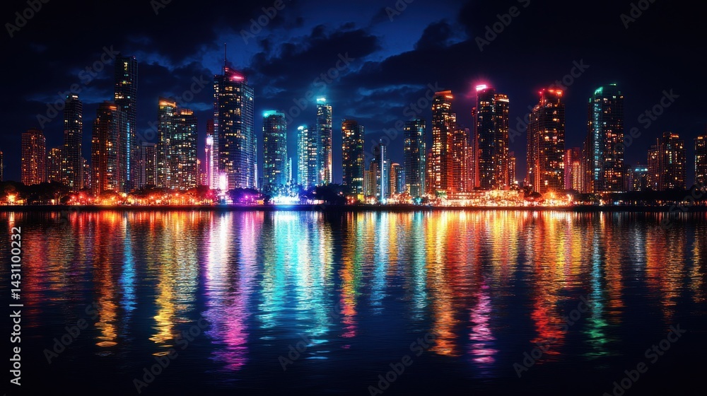 Fototapeta premium Night Cityscape: Vibrant Reflections on Calm Waters
