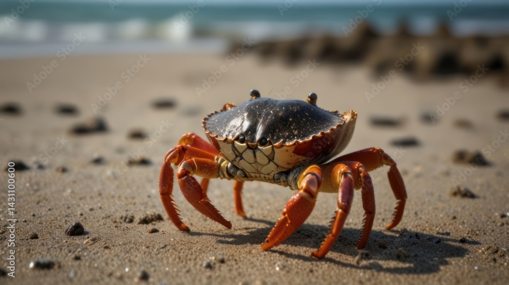 Crab on sandy beach near ocean waves. Possible use Nature stock photo Crab on sandy beach near ocean waves. Possible use Nature stock photo