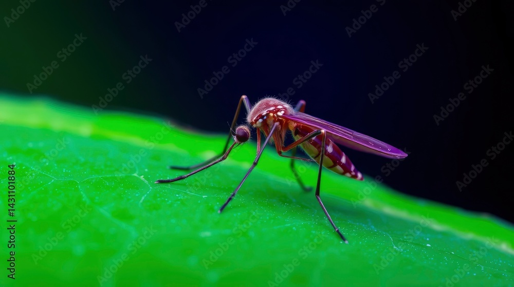 Fototapeta premium Mosquito Resting on Green Leaf Macro Detailed View