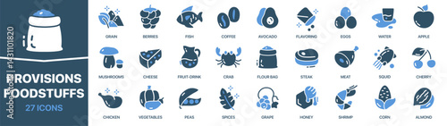 Provisions and foodstuffs colored signed icon collection. Grain, fish, meat, flour, honey icons. UI icon set. Colored icons pack. Vector illustration
