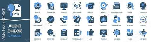 Audit and check colored signed icon collection. Evaluation, like, assessment, statistics, quality icons. UI icon set. Colored icons pack. Vector illustration