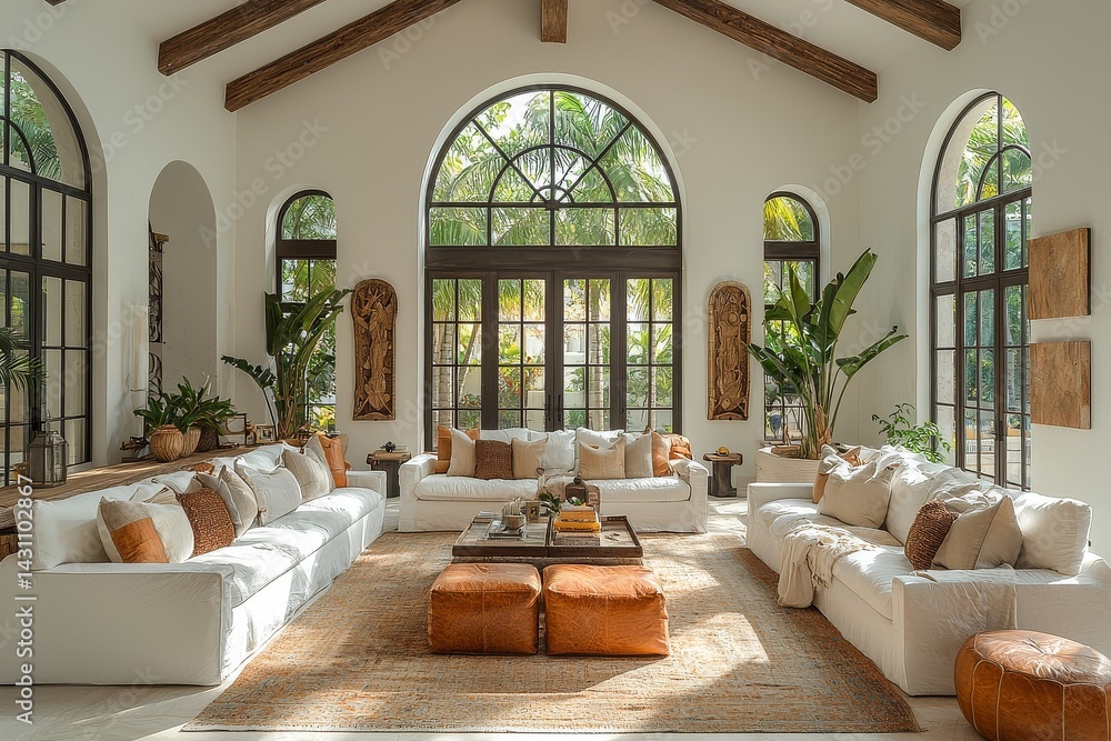 Fototapeta premium Spanish-style interior design in Miami with large windows, arched doorways, and natural light. Cozy yet elegant living room with vintage furniture and wooden beams.