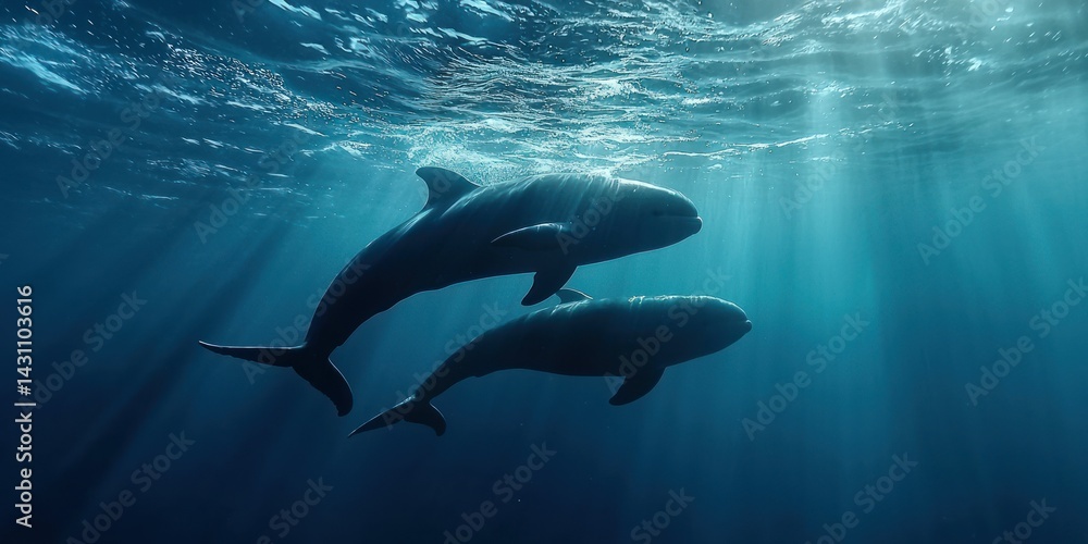 Obraz premium A mother pilot whale guiding her calf through the ocean, their tails creating ripples