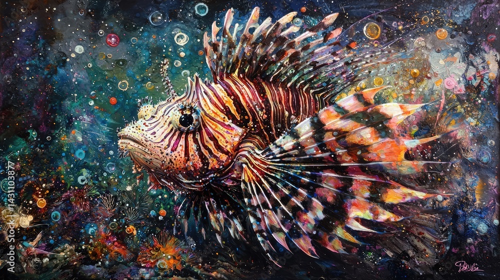 Vibrant lionfish portrait against a backdrop of abstract underwater textures. Vibrant lionfish portrait against a backdrop of abstract underwater textures.
