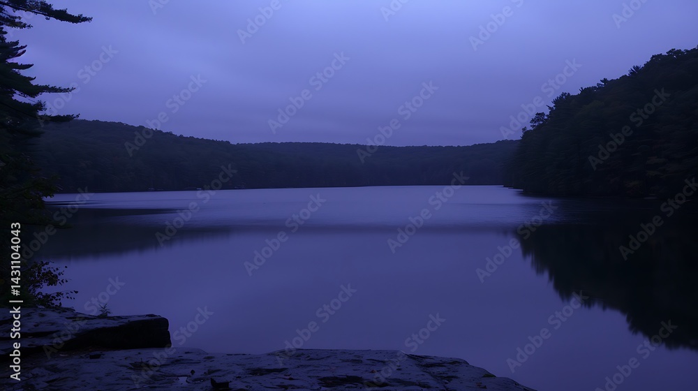 Fototapeta premium Serene twilight view of a tranquil lake surrounded by lush woodlands