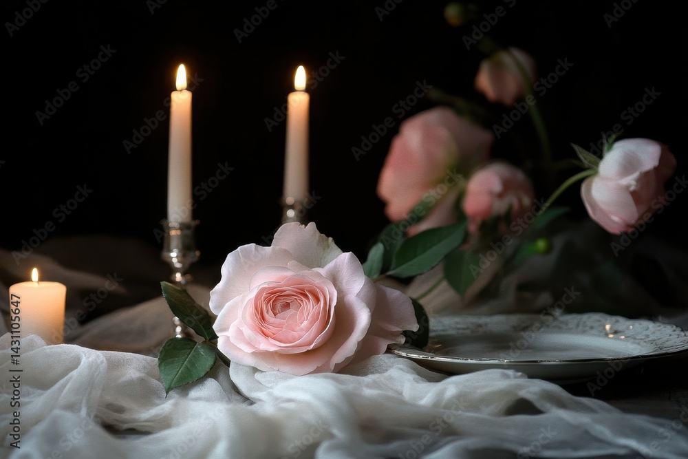 Obraz premium Wedding Rose. Elegant Table Decor with Bouquet of Romantic Roses and Candlelight