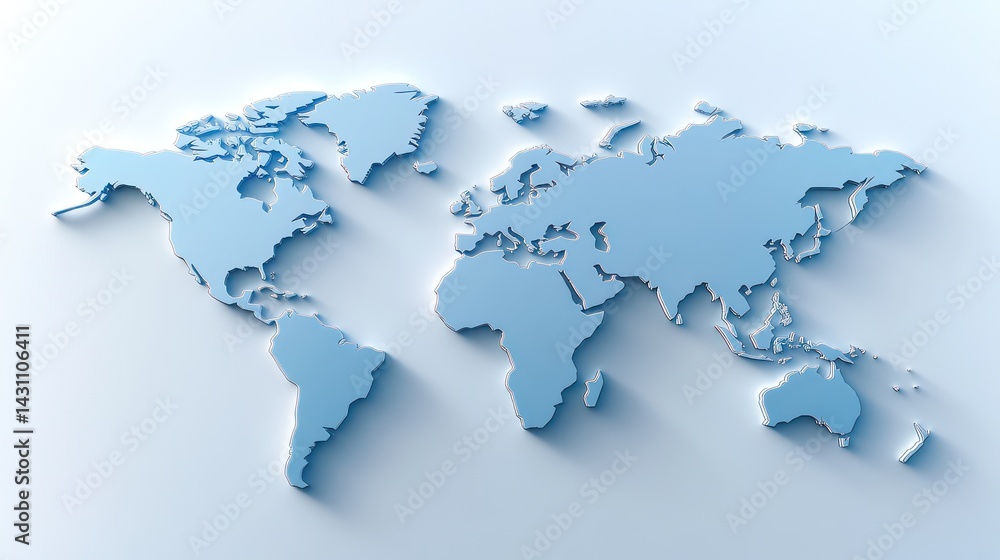 3D World Map, Light Blue, Simple Design 3D World Map, Light Blue, Simple Design
