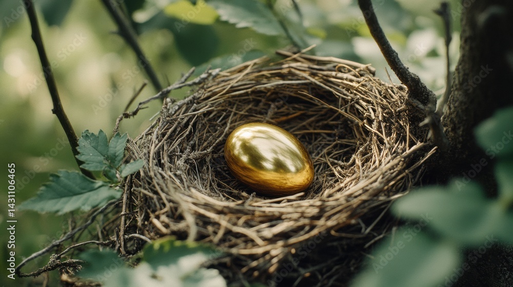 Bird Nest Crafted From Twigs Holds a Shiny Golden Egg, Symbolizing Nature Intertwined With Value in a Serene Outdoor Setting Generative AI