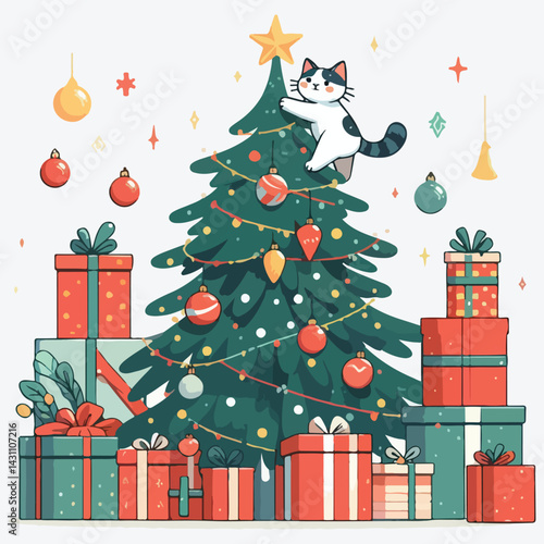 Cat climbs the Christmas tree, gift boxes in flat style Vector illustration