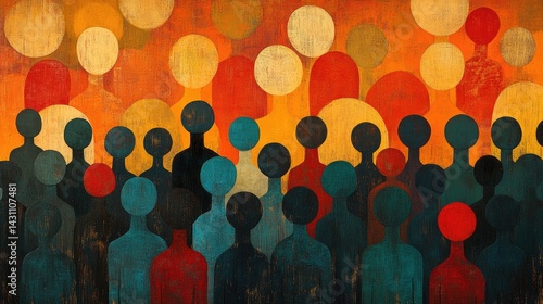 Abstract painting of a crowd of people with colorful circles in the background.