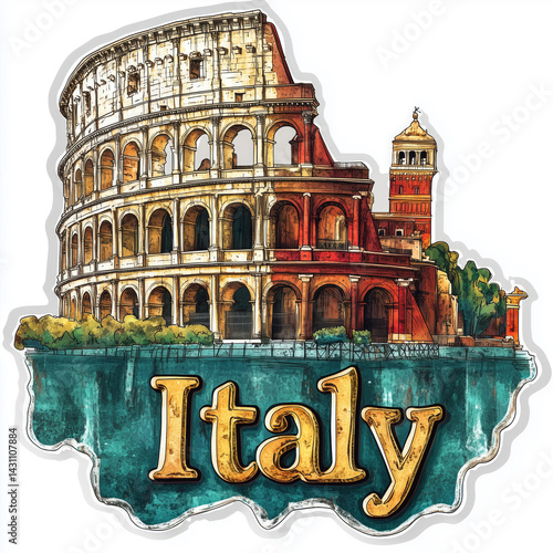 Colorful depiction of historical landmarks celebrating Italy's heritage