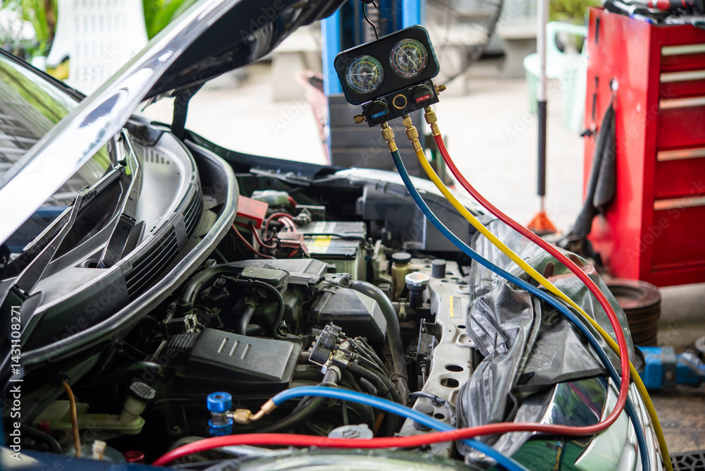 Car refilling air condition at car garage Car refilling air condition at car garage