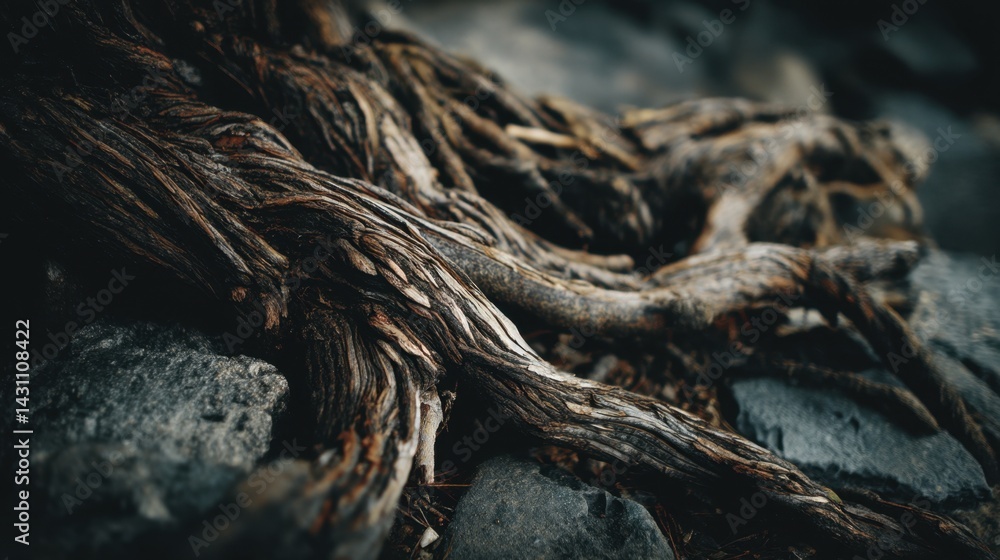 Close up of weathered roots intertwining with rocks creating a natural texture and earthy mood capturing nature's resilience and raw beauty in a dark tone Close up of weathered roots intertwining with rocks creating a natural texture and earthy mood capturing nature's resilience and raw beauty in a dark tone