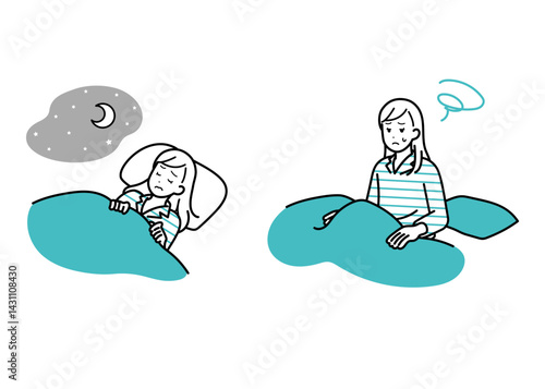 睡眠　不眠症　ライフスタイル　女性イラストセット
